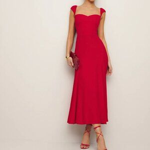 Reformation Bryson Midi Short Sleeve Dress Cherry Red | US 6 UK 10